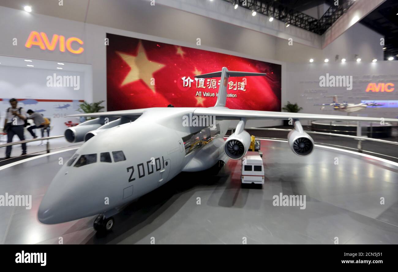 A model of Y-20 military transporter aircraft is displayed at Aviation Industry Corporation of China (AVIC)'s booth at the Aviation Expo China 2015, in Beijing, China, September 16, 2015. The four-day Aviation Expo China 2015 kicked off on Wednesday. According to local media, the expo is jointly organized by Aviation Industry Corporation of China (AVIC), Commercial Aircraft Corporation of China Ltd. (COMAC) and etc. Around 150 exhibitors from 16 countries were invited. REUTERS/Jason Lee Stock Photo