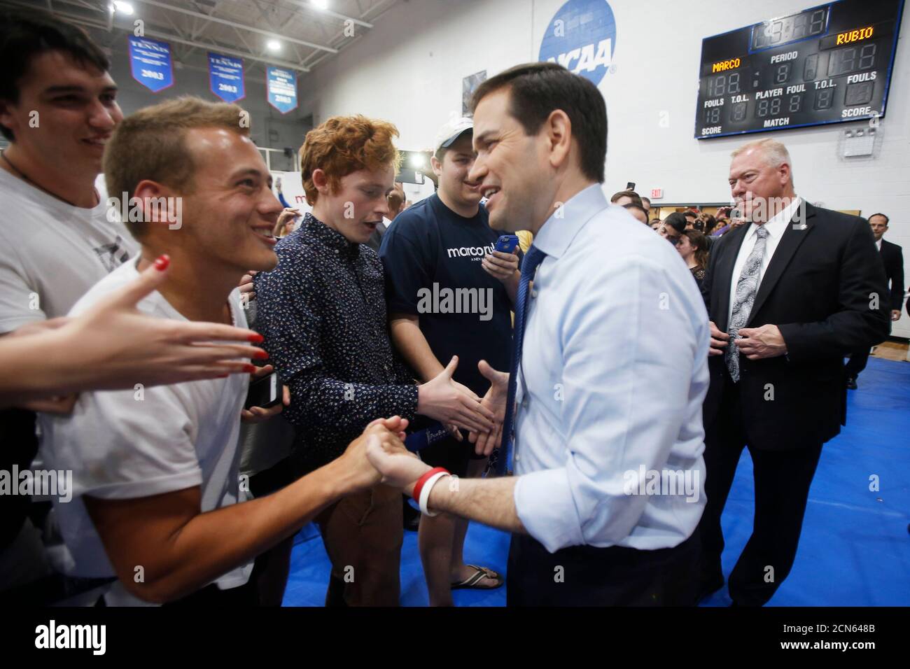 Republican U.S. presidential candidate Marco Rubio shakes hands with supporters at a campaign event at Palm Beach Atlantic University in West Palm Beach, Florida March 14, 2016.     REUTERS/Carlo Allegri Stock Photo