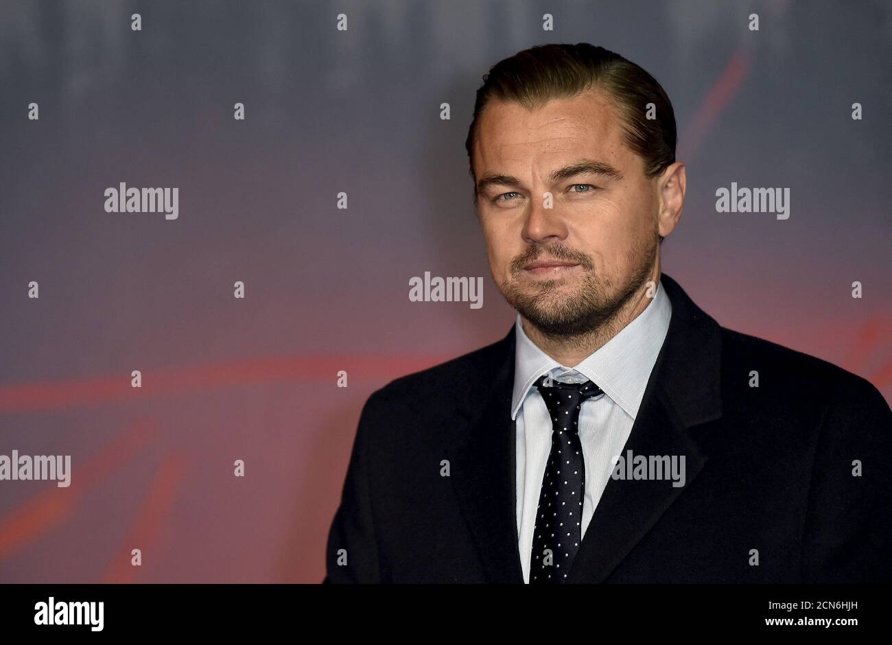 Actor Leonardo DiCaprio poses as he arrives for the British premiere of 'The Revenant', in London, Britain January 14, 2016.    REUTERS/Toby Melville Stock Photo