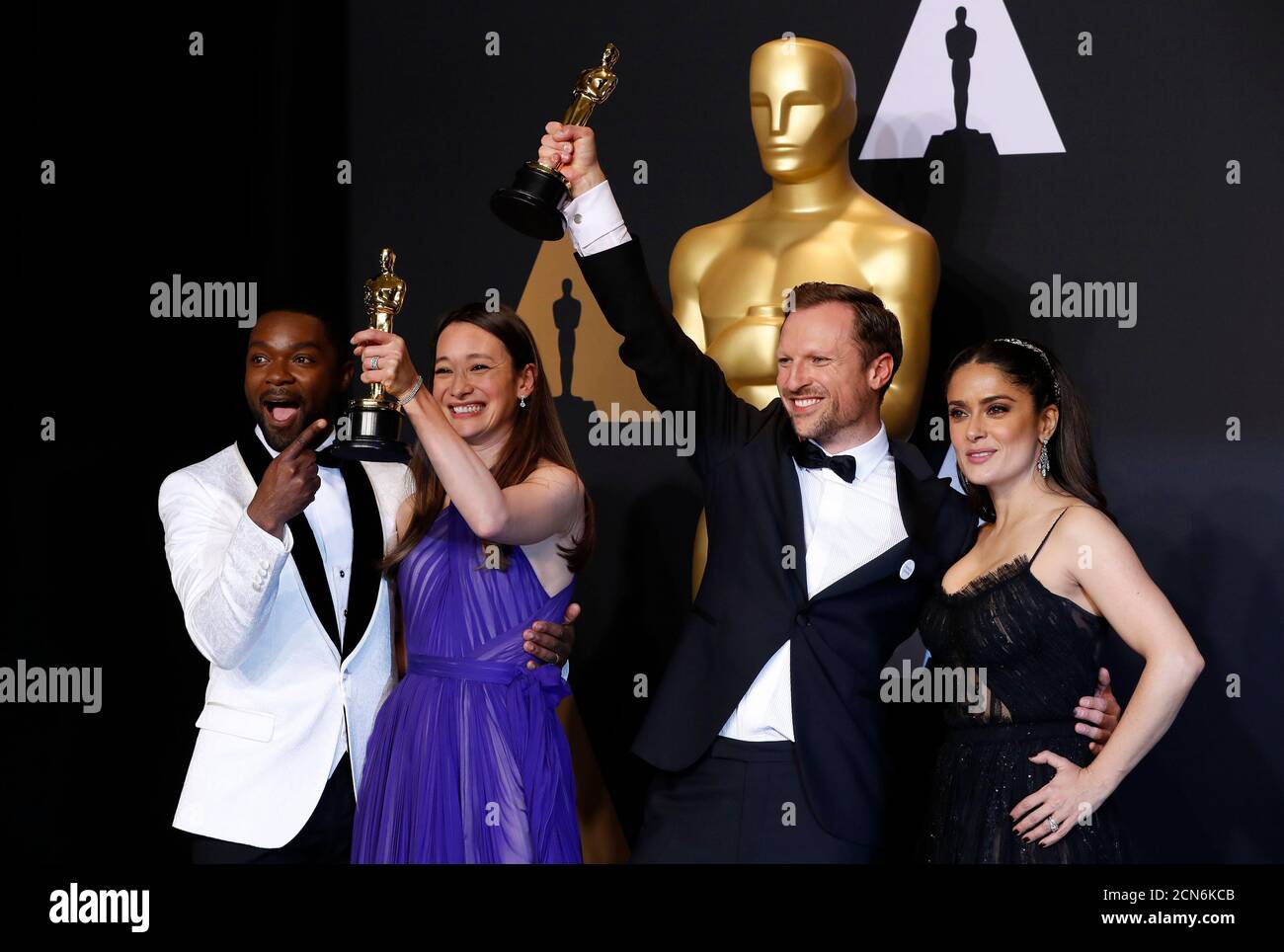 89th Academy Awards - Oscars Backstage - Hollywood, California, U.S. -  26/02/17 - Anna Udvardy and Kristof Deak hold their Oscars for Best  Documentary Short Subject for "The White Helmets"as they pose