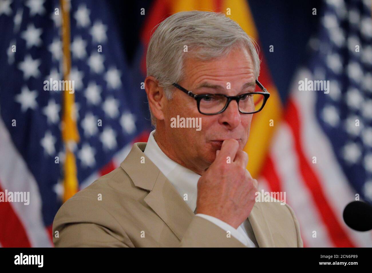 Rick Davis, former campaign manager and family spokesperson, reads a farewell letter from the late U.S. Senator John McCain in Phoenix, Arizona, U.S., August 27, 2018.   REUTERS/Brian Snyder Stock Photo