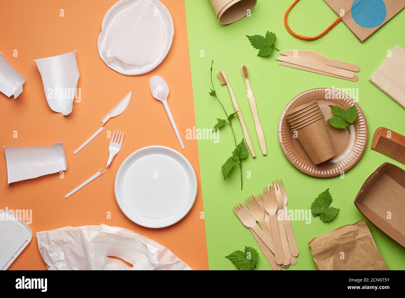 nondegradable plastic waste from disposable tableware and a set of