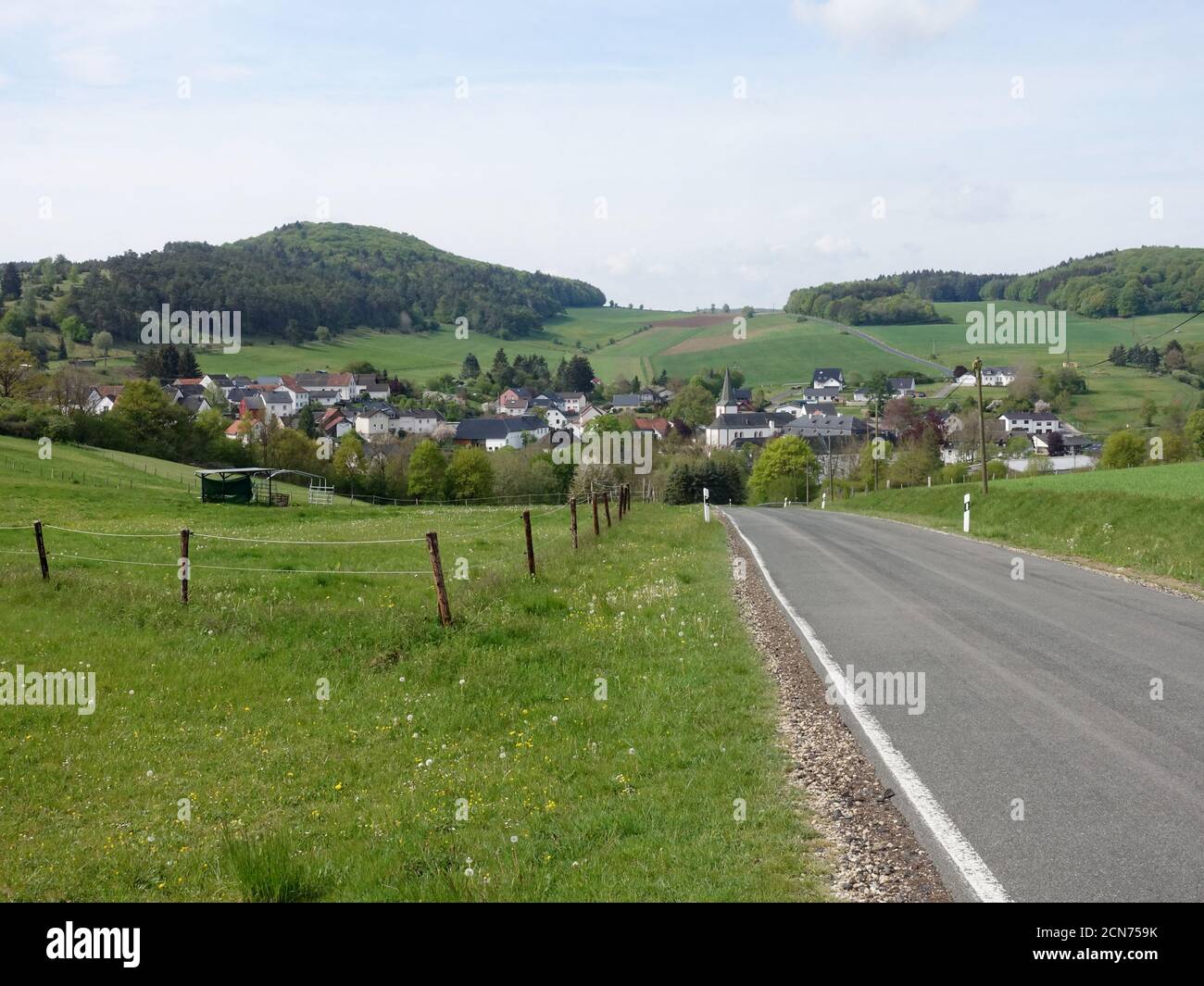 View of Niederehe and the former monastery in the Vulkaneifel Stock Photo