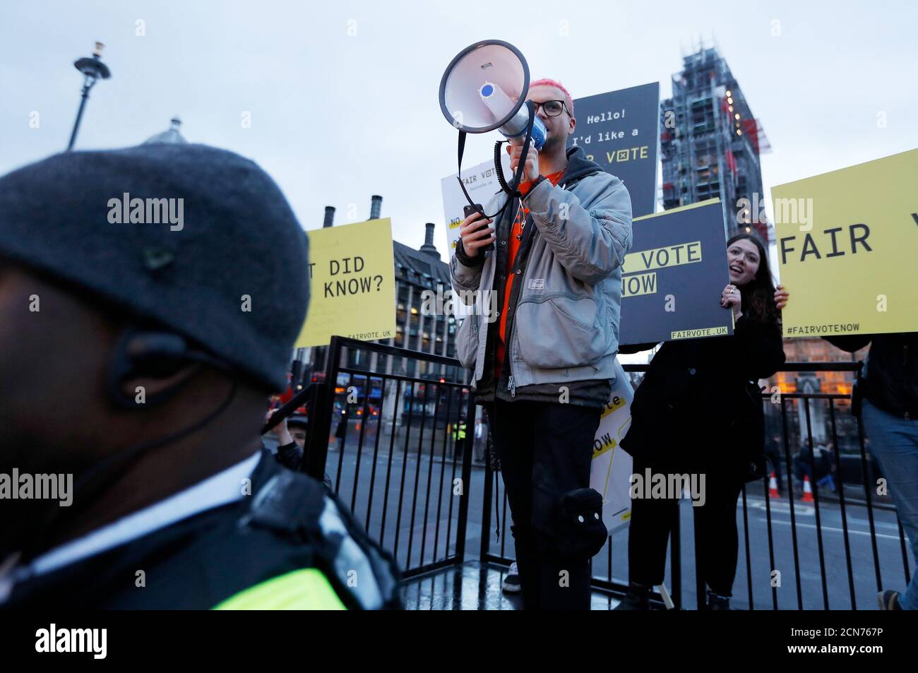 Whistleblower Christopher Wylie speaks at a protest opposite Parliament in London, Britain, March 29, 2018. REUTERS/Peter Nicholls Stock Photo
