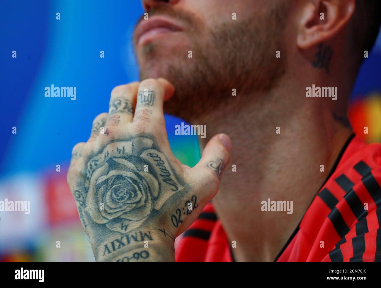 Soccer Football - Champions League - Real Madrid Press Conference - Ciudad  Real Madrid, Valdebebas, Madrid, Spain - September 18, 2018 A tattoo on the  hand of Real Madrid's Sergio Ramos during