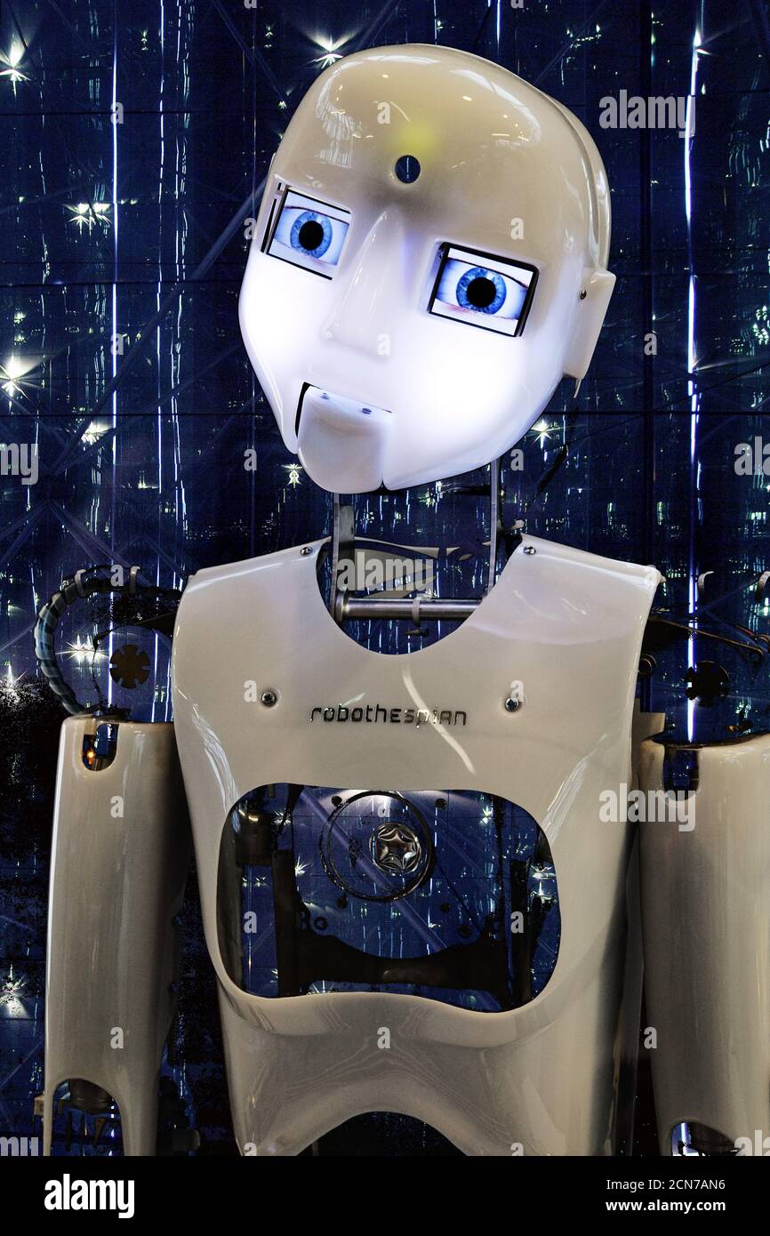 Photomontage, the humanoid robot RoboThespian with cosmic structures, Dortmund, Germany, Europe Stock Photo