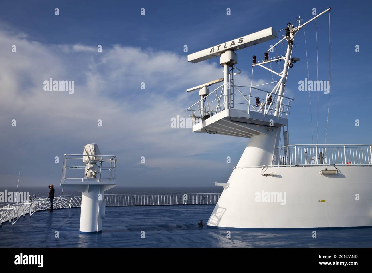 View of the deck of the Norroena ferry with marine electronics and the North Atlantic, Europe Stock Photo
