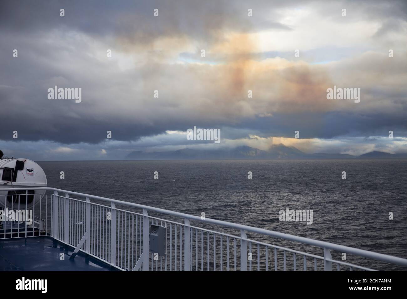View from the Norroena ferry to diesel exhaust and the North Atlantic, Europe Stock Photo