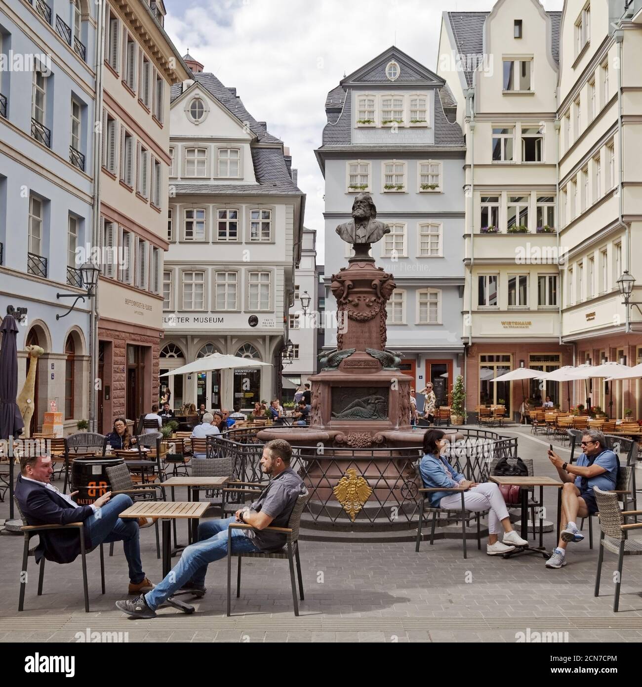 Huehnermarkt with Friedrich-Stoltze-Brunnen, New Old Town, Frankfurt am Main, Hesse, Germany, Europe Stock Photo
