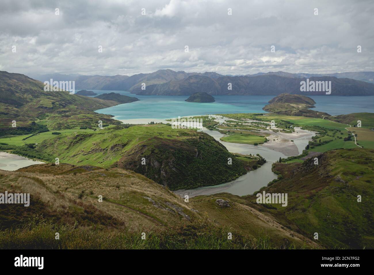 The view of Lake Wanaka from the top of Rocky Mountain in New Zealand Stock Photo