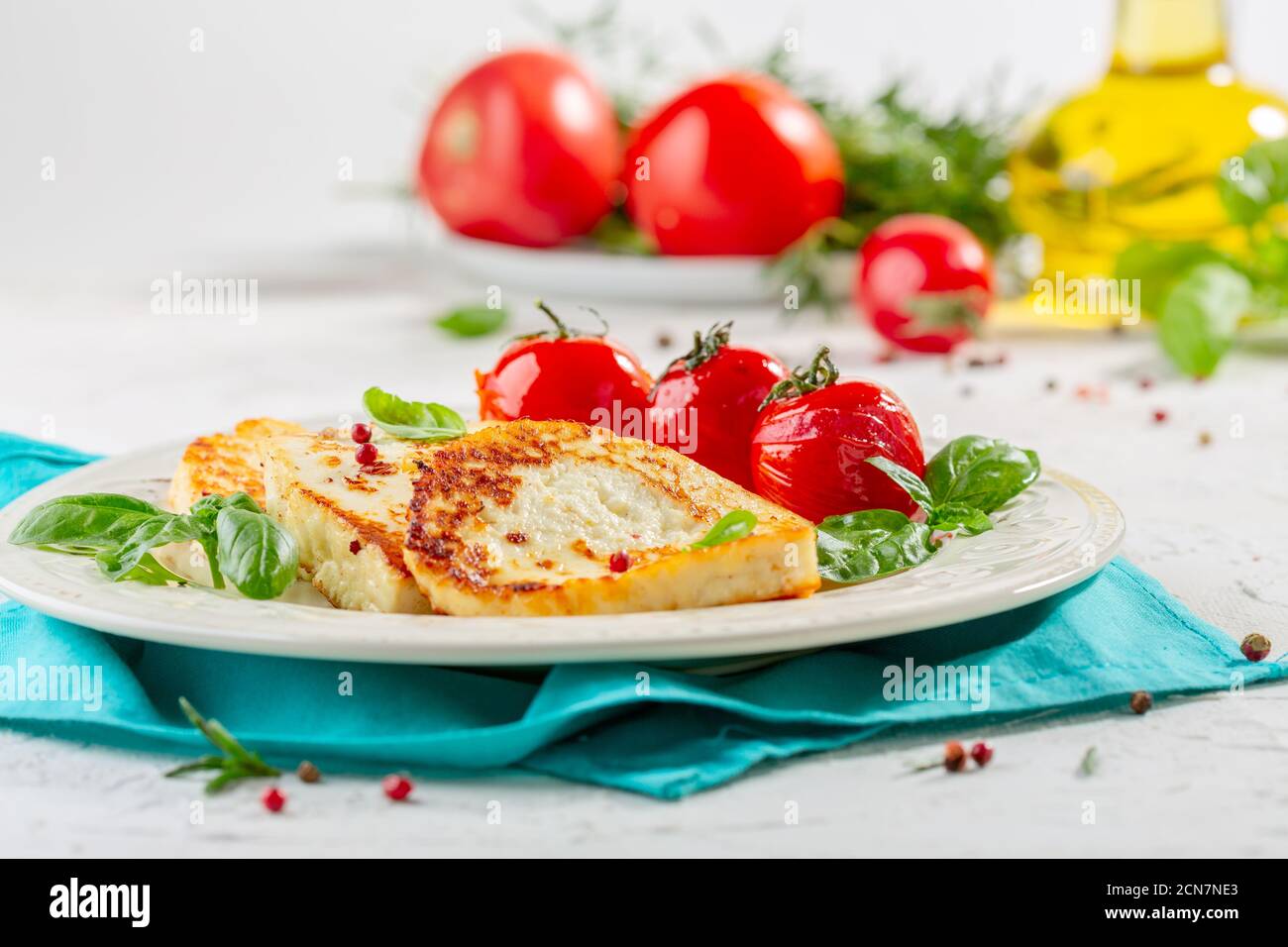 Grilled homemade halloumi cheese. Stock Photo