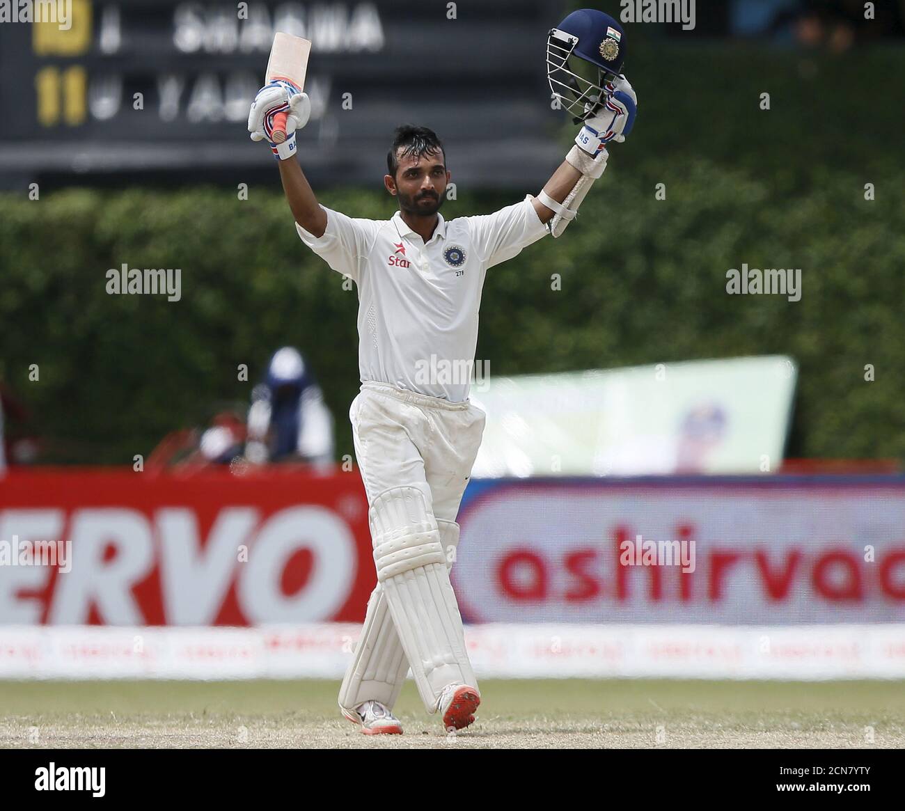 India's Ajinkya Rahane celebrates his century during the fourth day of their second test cricket match against Sri Lanka in Colombo August 23, 2015. REUTERS/Dinuka Liyanawatte Stock Photo