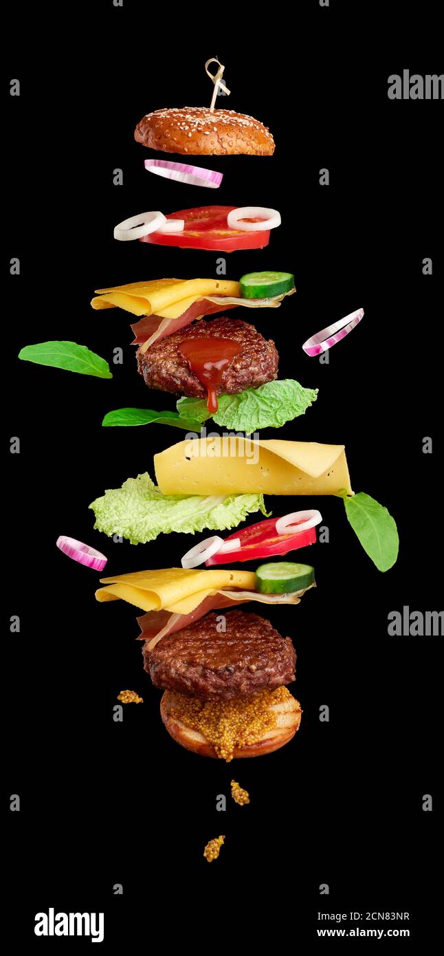 flying burger ingredients cutlet, sesame seed bun, tomato, onion