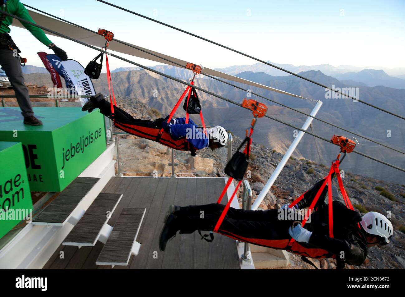 People Ride The World S Longest Zip Line Over Ras Al Khamiah S Jabal Jais Mountain Uae January 31 18 Picture Taken January 31 18 Reuters Ahmed Jadallah Stock Photo Alamy