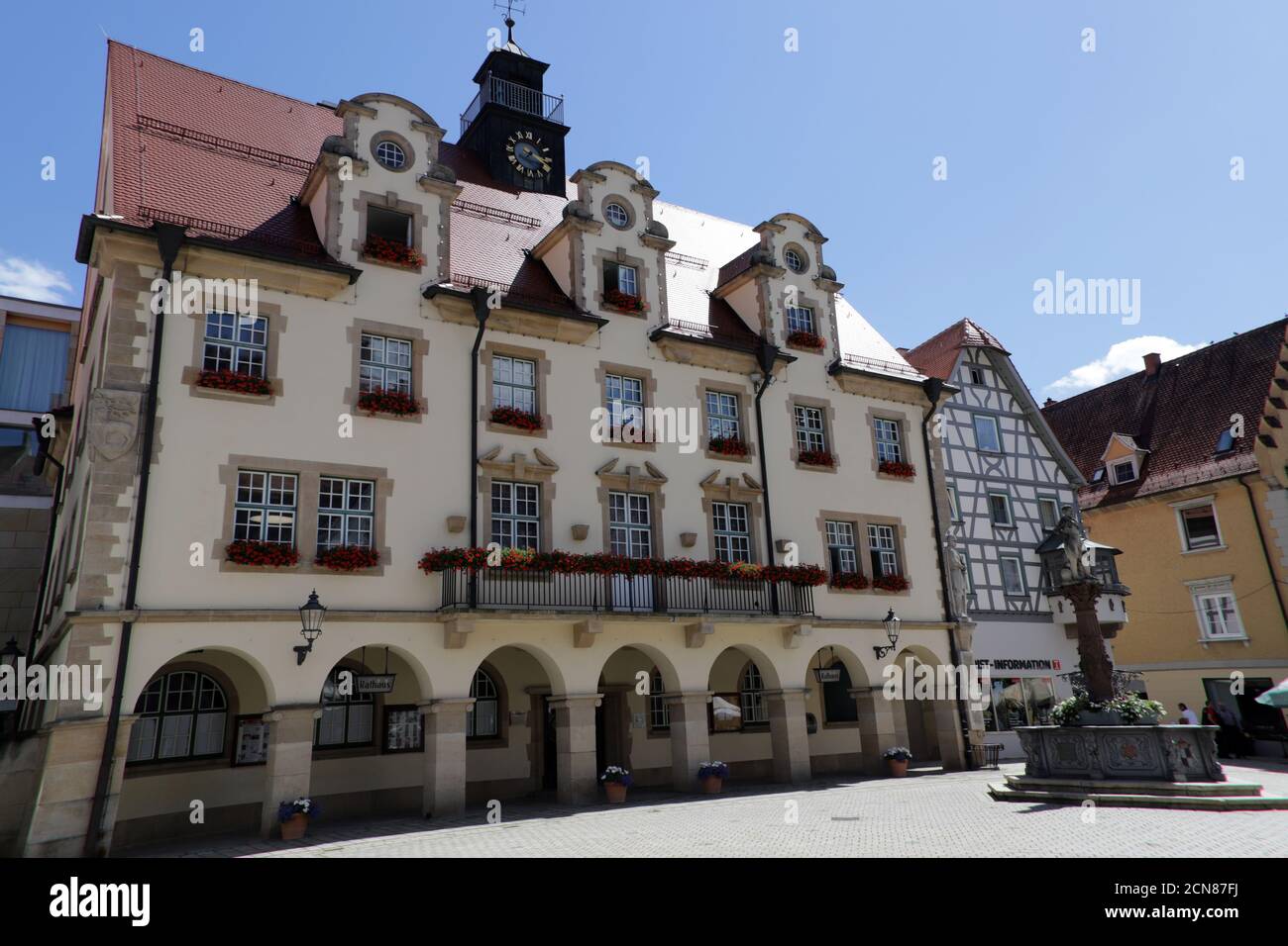 Market fountain in front of the historic town hall Sigmaringen Stock Photo