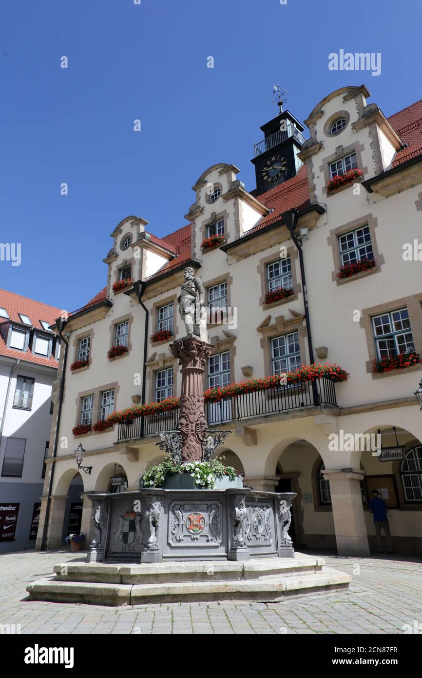 Market fountain in front of the historic town hall Sigmaringen Stock Photo