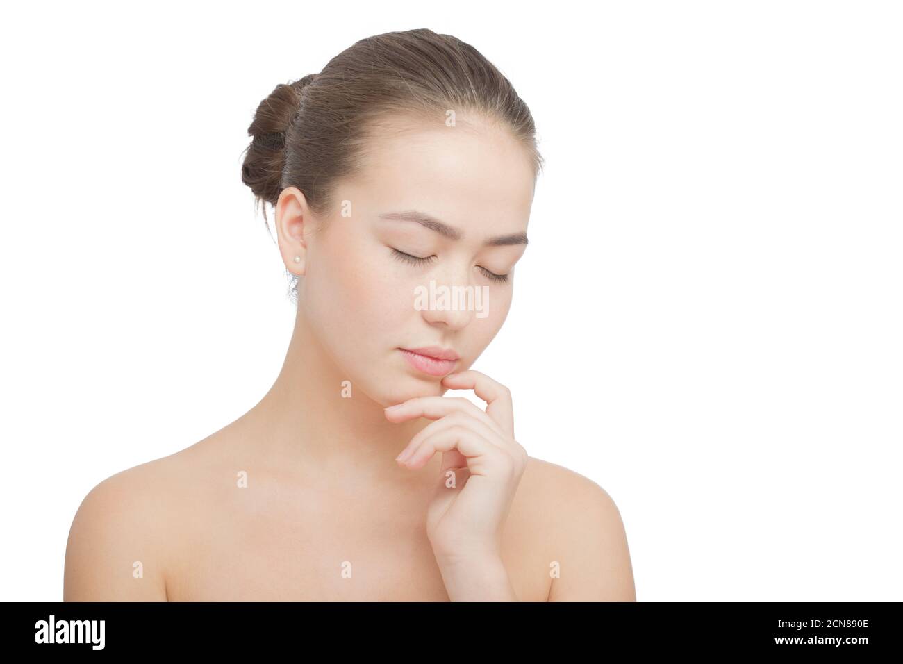 sad-beautiful-girl-looking-down-on-white-background-with-copy-space