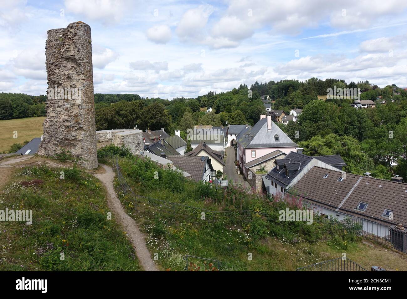 View from the castle ruins to the historic centre of Kronenburg Stock Photo