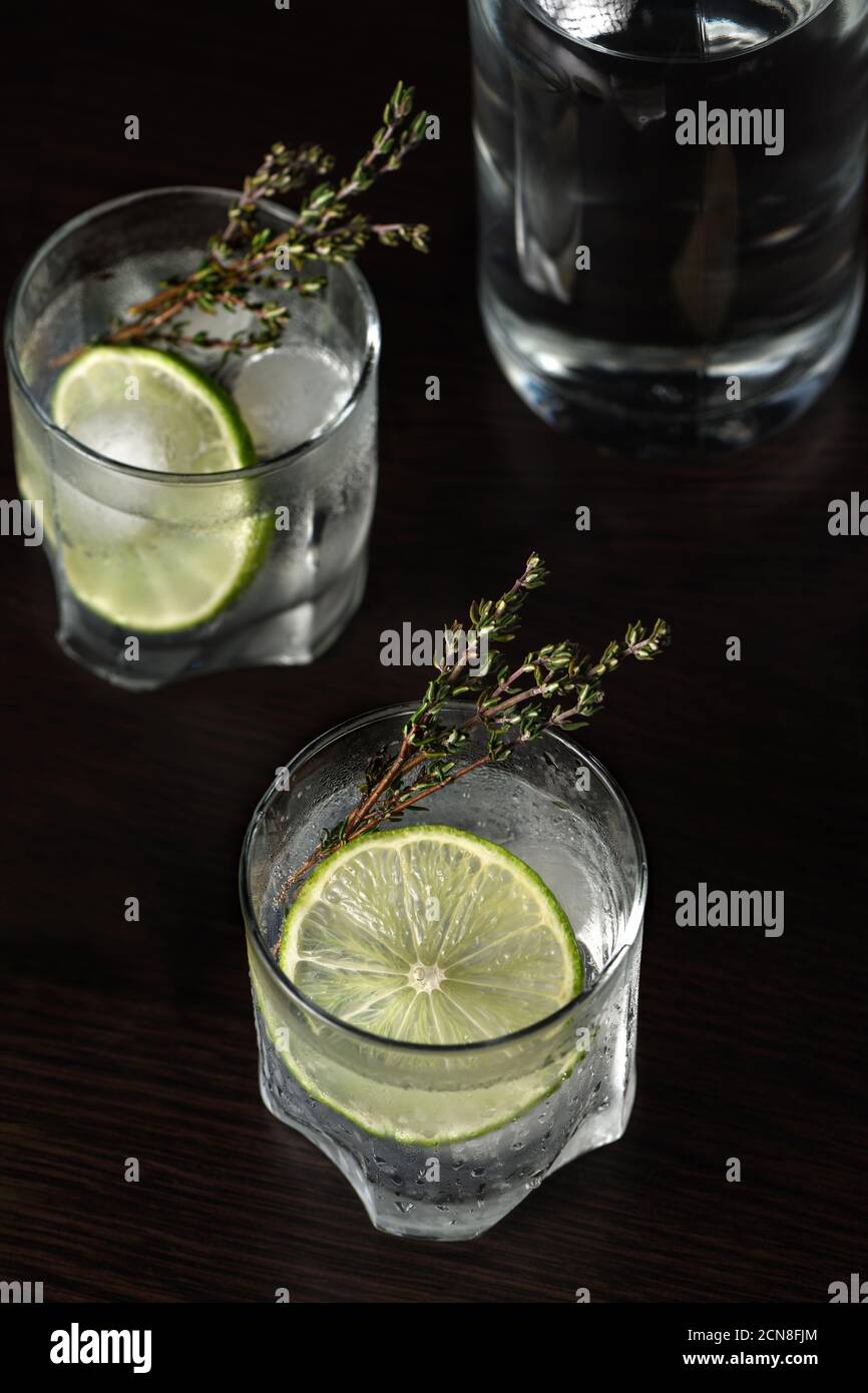 Gin and tonic with a slice of lime and sprigs of thyme Stock Photo Alamy