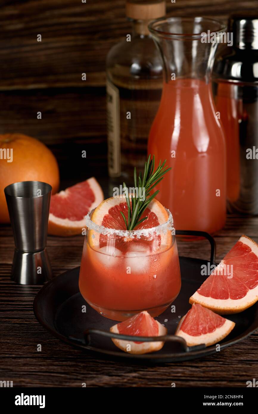 Cocktail tequila fresh grapefruit juice combined and rosemary. A festive drink is ideal for brunch, Stock Photo