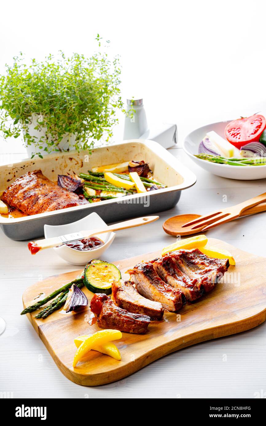 Grilled Sparerib with various vegetables Stock Photo