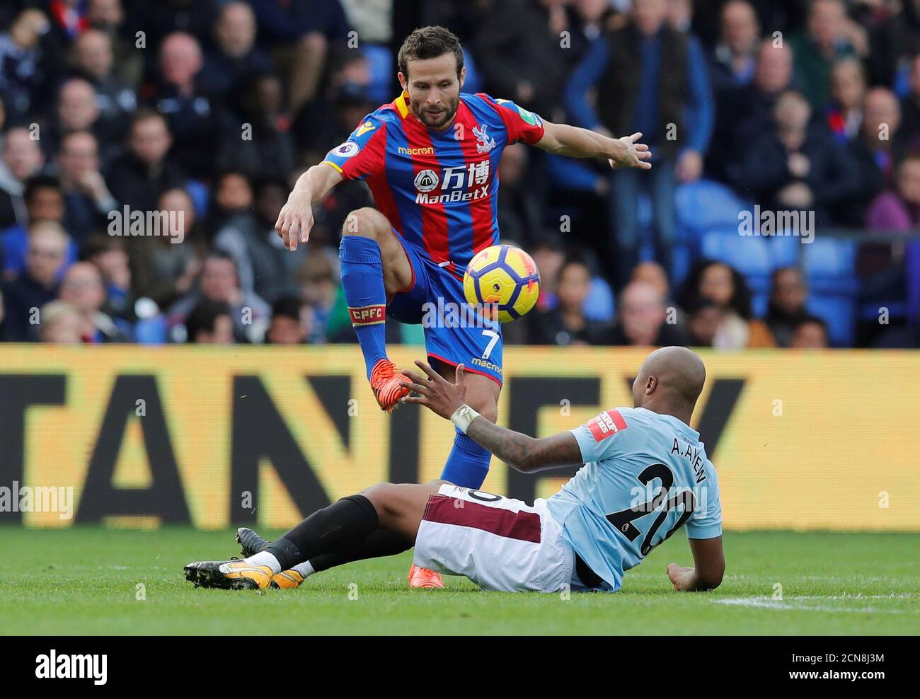 Soccer Football - Premier League - Crystal Palace vs West Ham United - Selhurst Park, London, Britain - October 28, 2017   Crystal Palace's Yohan Cabaye in action with West Ham United's Andre Ayew    REUTERS/Eddie Keogh    EDITORIAL USE ONLY. No use with unauthorized audio, video, data, fixture lists, club/league logos or 'live' services. Online in-match use limited to 75 images, no video emulation. No use in betting, games or single club/league/player publications. Please contact your account representative for further details.? Stock Photo