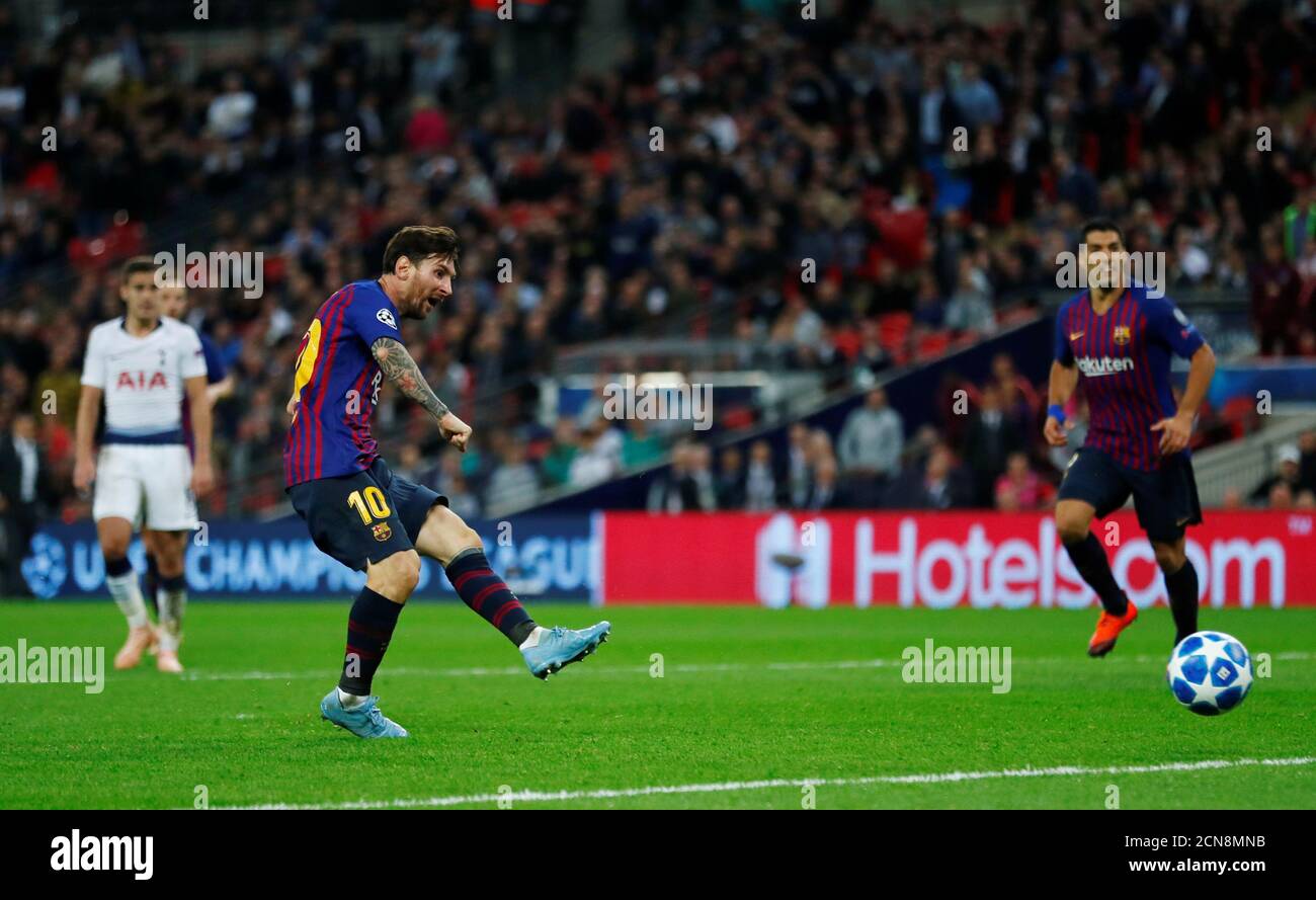 Soccer Football - Champions League - Group Stage - Group B - Tottenham Hotspur v FC Barcelona - Wembley Stadium, London, Britain - October 3, 2018  Barcelona's Lionel Messi scores their fourth goal        REUTERS/Eddie Keogh Stock Photo