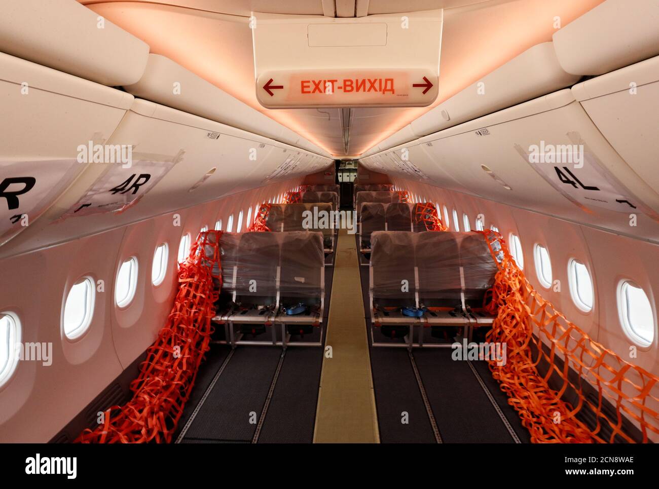 An interior view shows a Boeing 737-800 aircraft of Ukrainian low-cost  airline SkyUp which converted most of its passenger planes to carry cargo  amid the coronavirus disease (COVID-19) outbreak, at the Boryspil