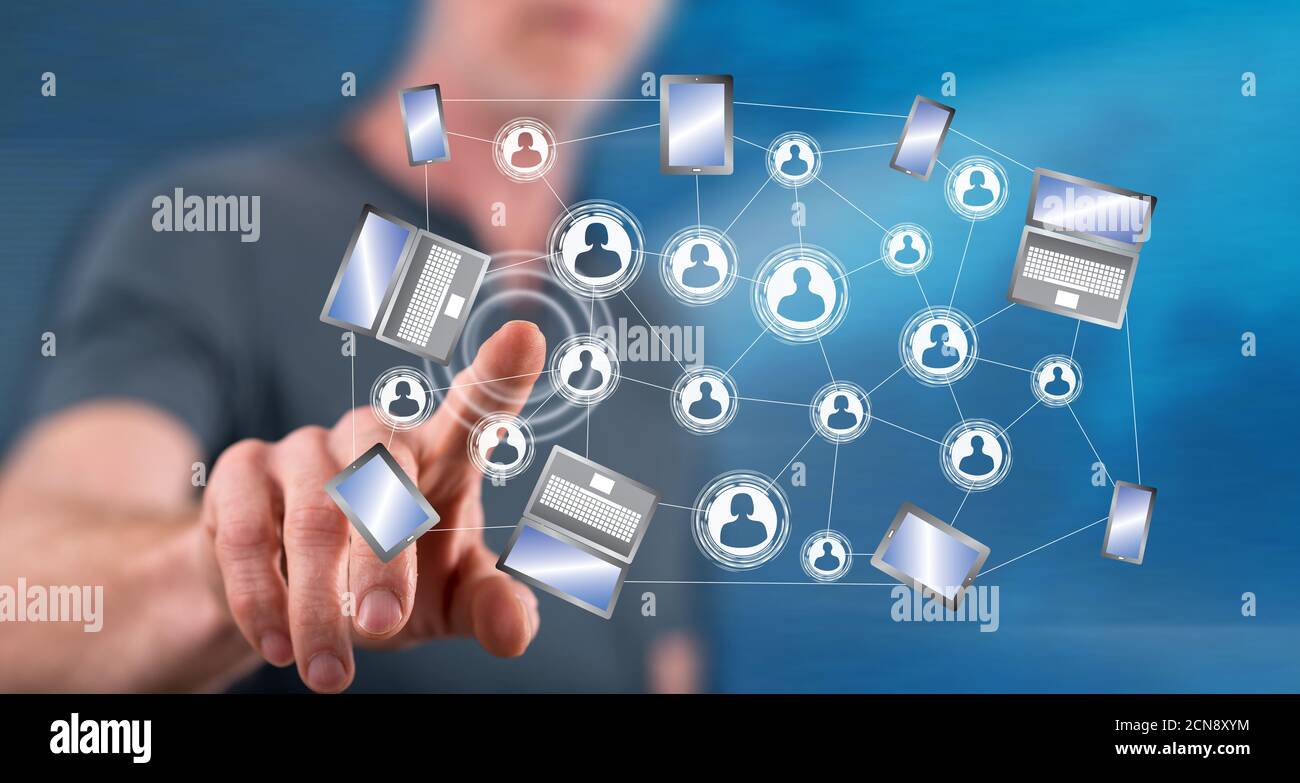 Man touching a social network connection concept on a touch screen with ...