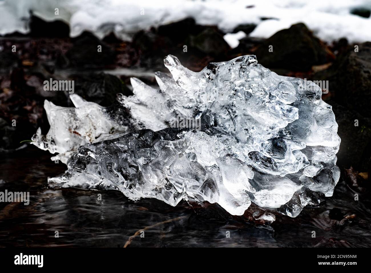Ice piece. Cracked water ice on frozen bog. Stock Photo