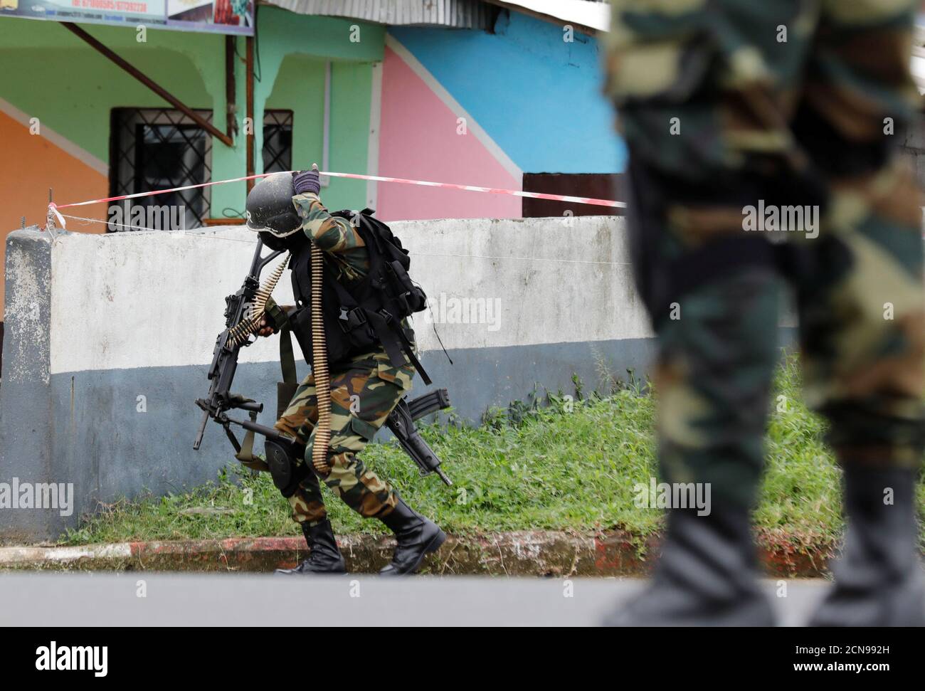 A Cameroonian elite Rapid Intervention Battalion (BIR) member patrols in the city of Buea in the anglophone southwest region, Cameroon October 4, 2018. Picture taken October 4, 2018.REUTERS/Zohra Bensemra Stock Photo