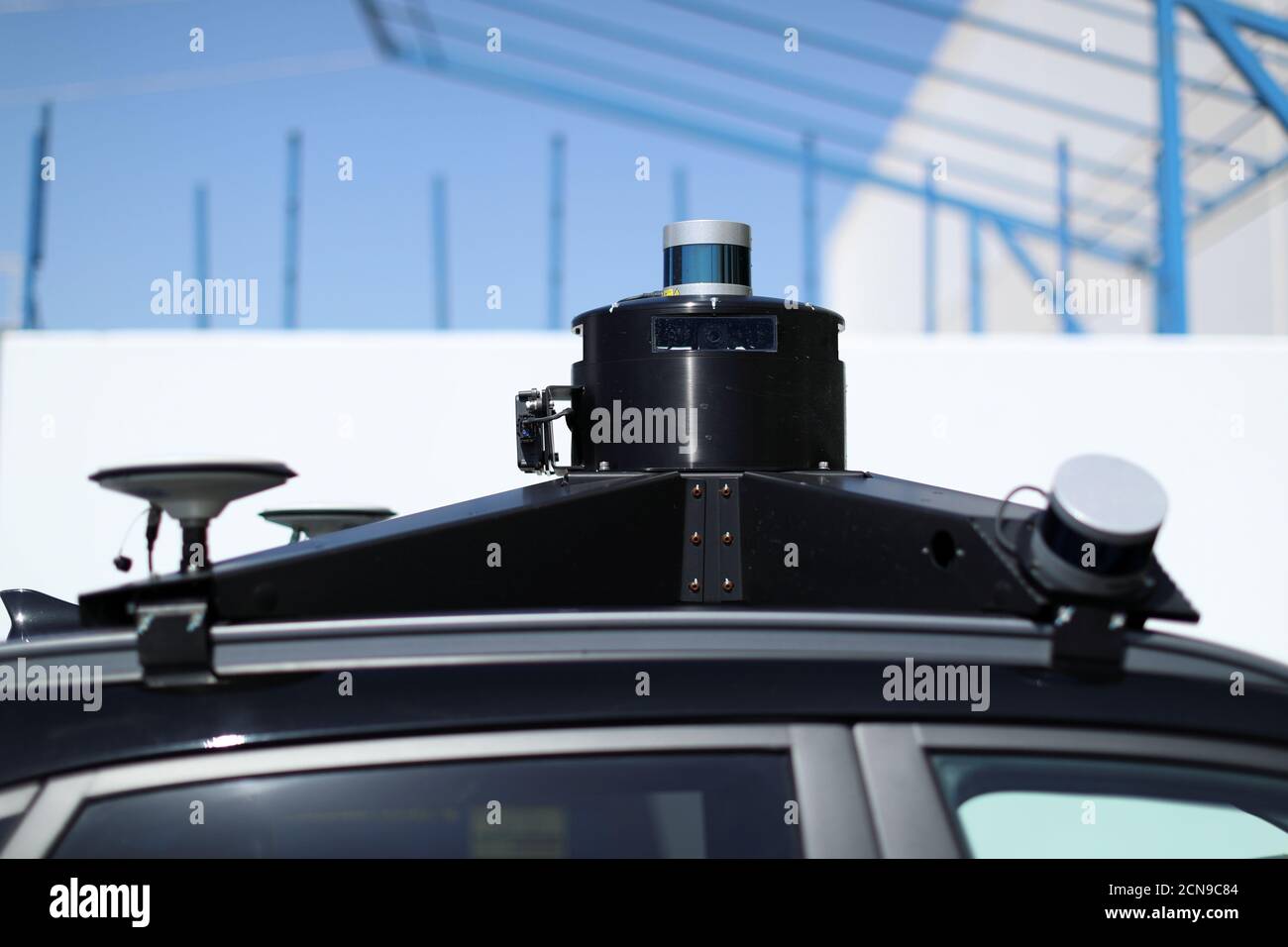 Lidar, cameras and GPS sensors are shown on top of a Hyundai electric vehicle as self driving company Pony.ai begins to provide autonomous electric vehicles to deliver packages from local e-commerce platform Yamibuy during the outbreak of the coronavirus disease (COVID-19) in Irvine, California, U.S., April 28, 2020. REUTERS/Mike Blake Stock Photo