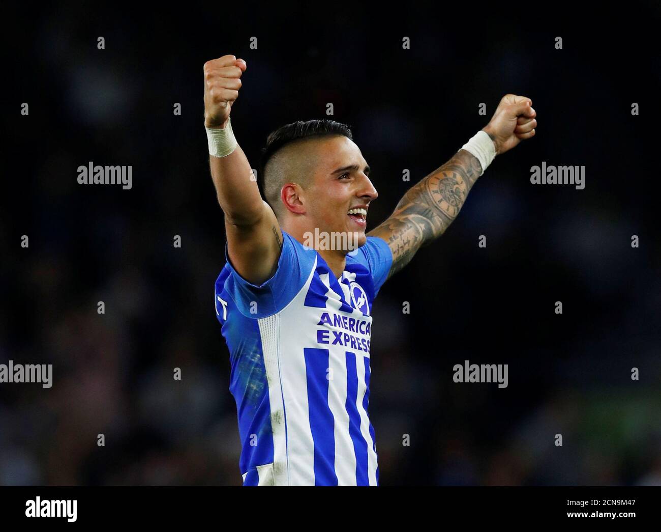 Soccer Football - Premier League - Brighton & Hove Albion v Manchester United - The American Express Community Stadium, Brighton, Britain - May 4, 2018   Brighton's Anthony Knockaert celebrates after the match    REUTERS/Eddie Keogh    EDITORIAL USE ONLY. No use with unauthorized audio, video, data, fixture lists, club/league logos or "live" services. Online in-match use limited to 75 images, no video emulation. No use in betting, games or single club/league/player publications.  Please contact your account representative for further details. Stock Photo