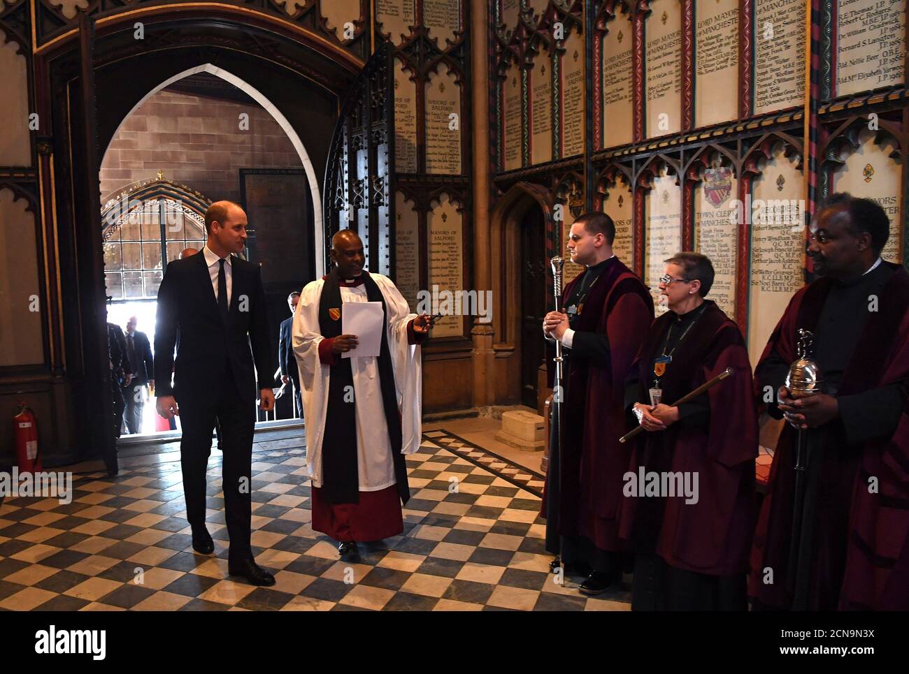 Britain's Prince William walks with the Dean of Manchester, Rogers Govender, as he attends The Manchester Arena National Service of Commemoration at Manchester Cathedral in central Manchester, May 22, 2018. Paul Ellis/Pool via Reuters Stock Photo