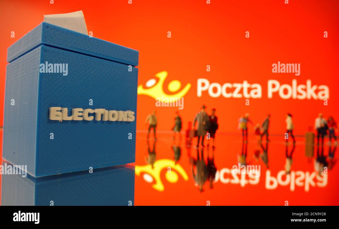 A 3D printed ballot box and toy people figures are seen in front of displayed Poczta Polska logo in this illustration taken May 4, 2020. REUTERS/Dado Ruvic/Illustration Stock Photo