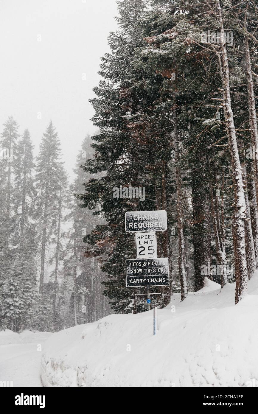 Snow advisory signs, Yosemite National Park, Yosemite, California, United States Stock Photo