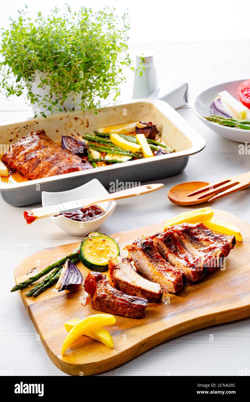 Grilled Sparerib with various vegetables Stock Photo