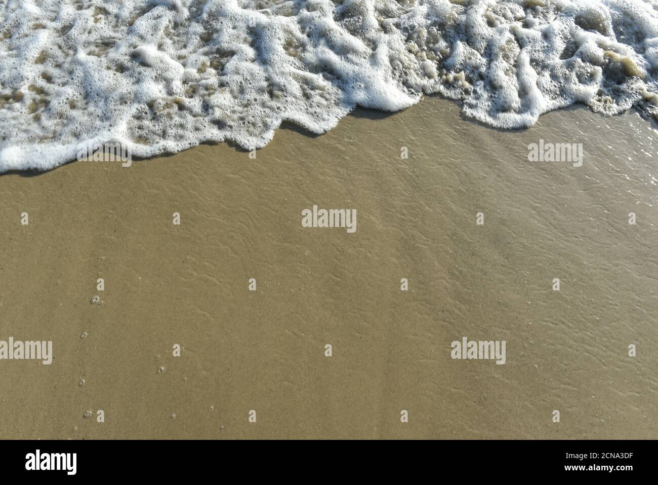 White foam on a sandy beach with copy space.Soft Wave Of Blue Ocean. Stock Photo