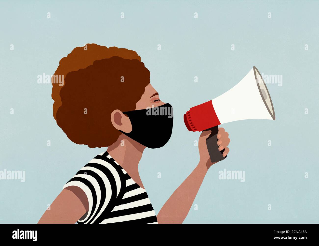 Black woman in face mask using megaphone Stock Photo Alamy