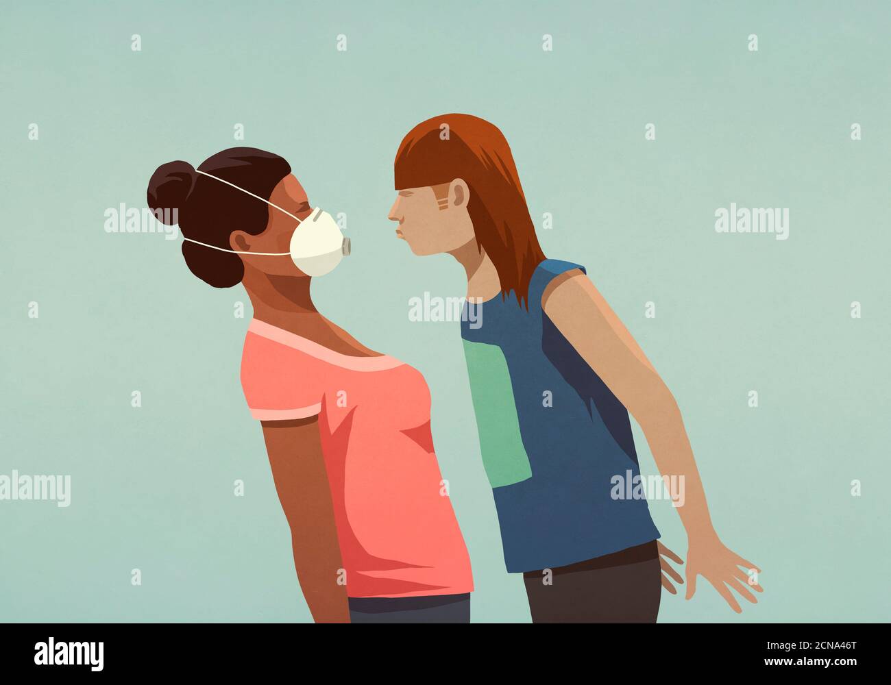 Aggressive woman confronting woman in face mask Stock Photo