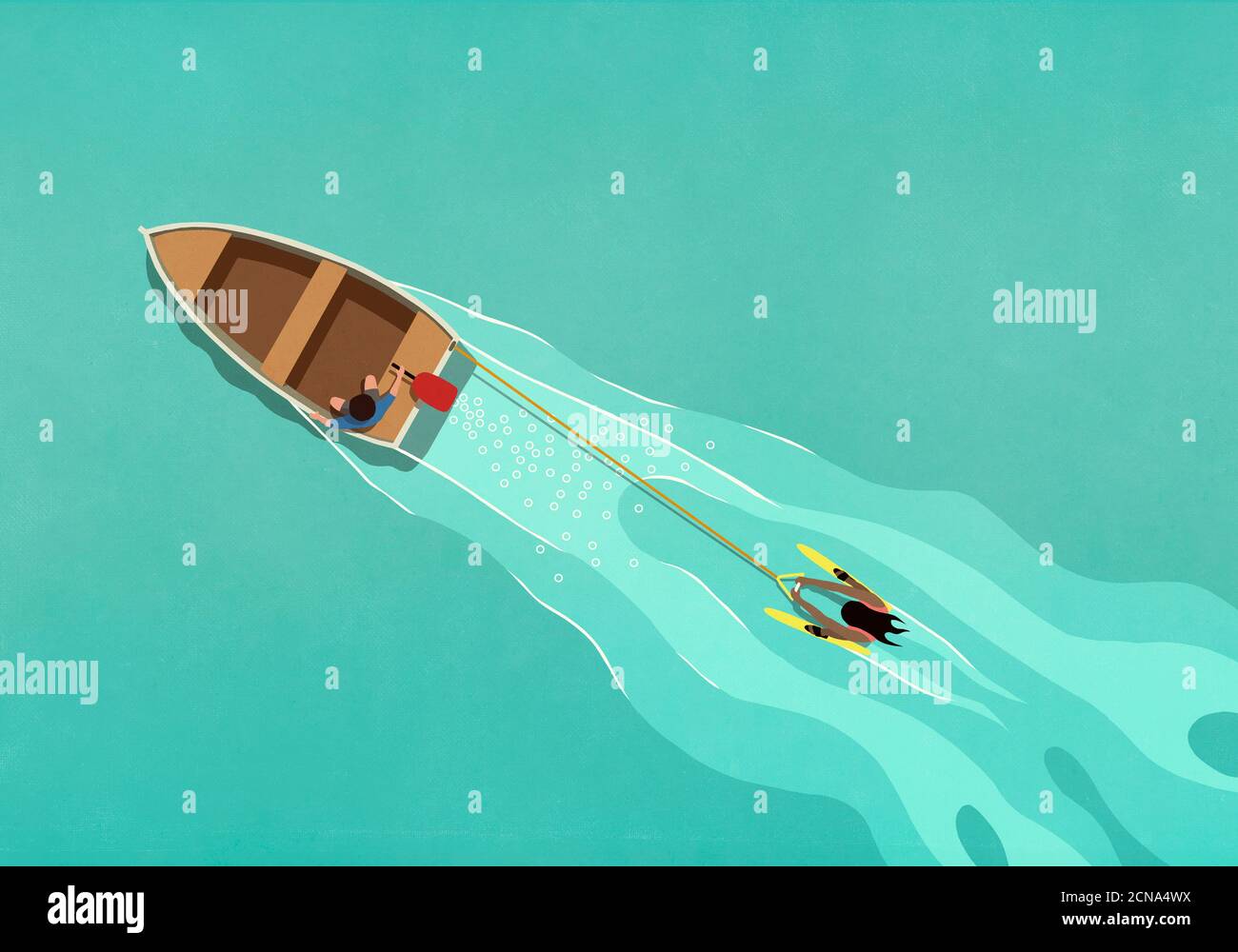 Rowboat pulling water skier Stock Photo - Alamy