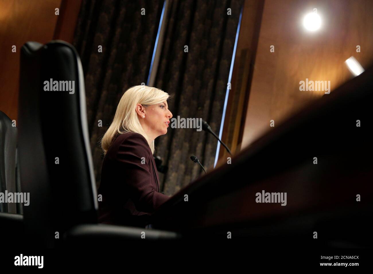 Kirstjen Nielsen testifies to the Senate Homeland Security and Governmental Affairs Committee on her nomination to be secretary of the Department of Homeland Security (DHS) in Washington, U.S., November 8, 2017.   REUTERS/Joshua Roberts Stock Photo