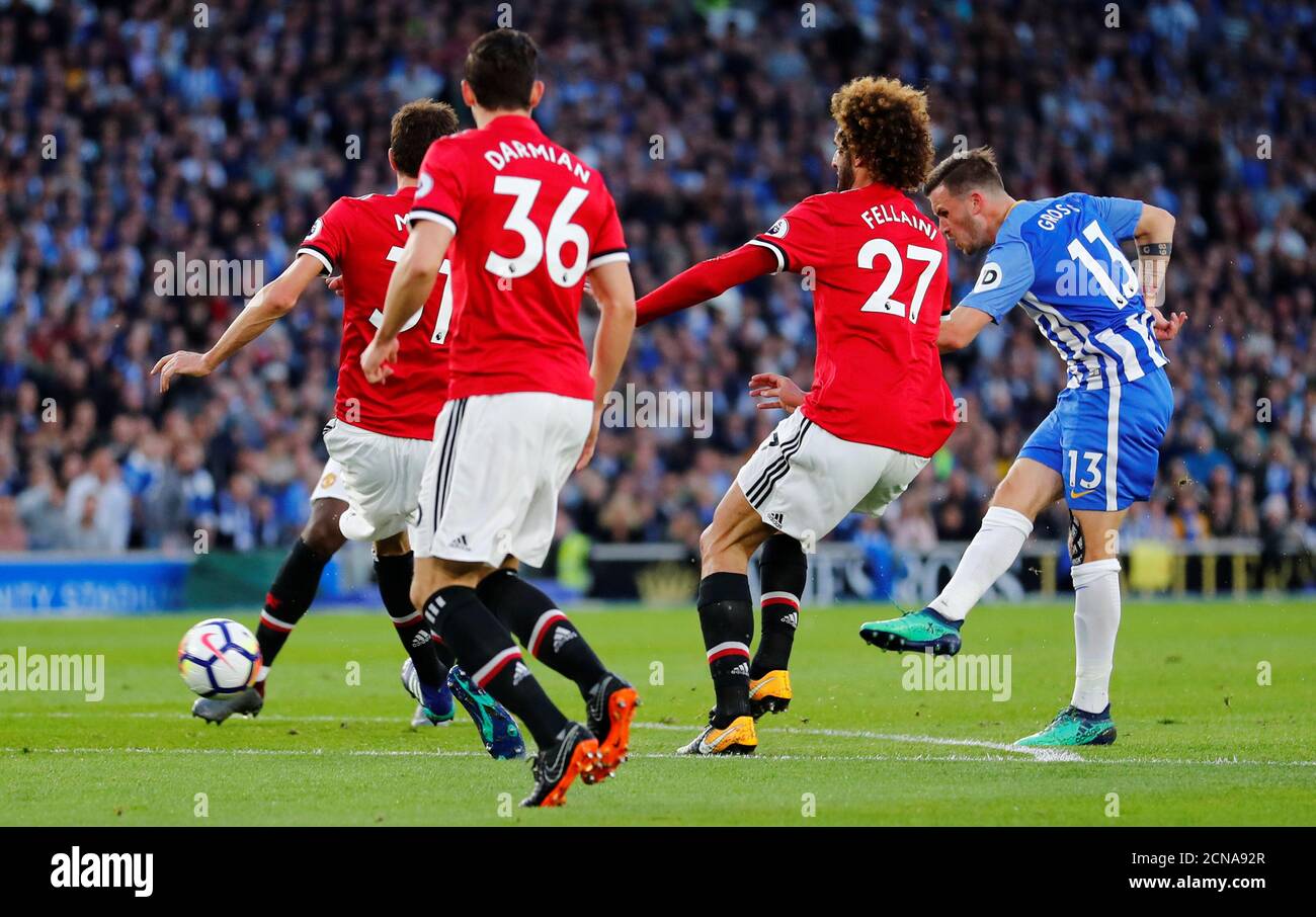 Soccer Football - Premier League - Brighton & Hove Albion v Manchester United - The American Express Community Stadium, Brighton, Britain - May 4, 2018   Brighton's Pascal Gross shoots at goal    REUTERS/Eddie Keogh    EDITORIAL USE ONLY. No use with unauthorized audio, video, data, fixture lists, club/league logos or 'live' services. Online in-match use limited to 75 images, no video emulation. No use in betting, games or single club/league/player publications.  Please contact your account representative for further details. Stock Photo
