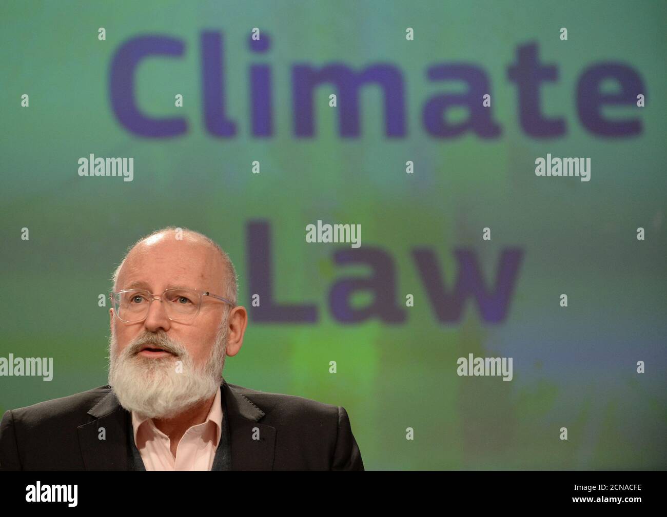 European Commission Vice-President Frans Timmermans presents a new law for the bloc to achieve carbon neutrality by 2050 in Brussels, Belgium March 4, 2020. REUTERS/Johanna Geron Stock Photo