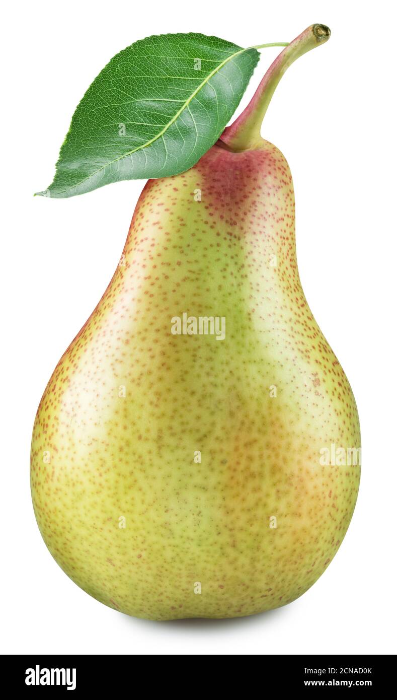 Single pear with pear leaf isolated on a white background. Clipping path. Stock Photo