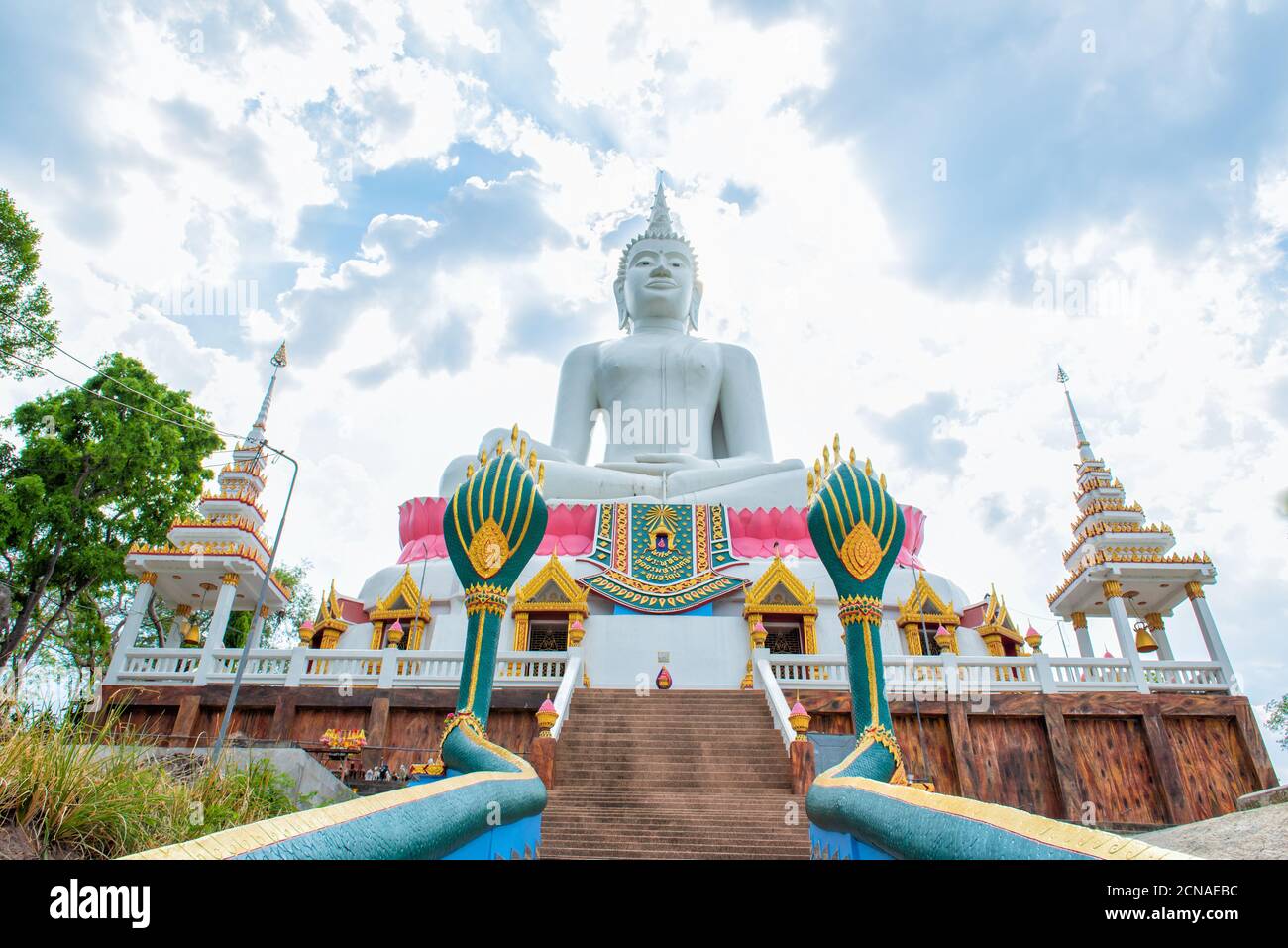 White buddha at Wat Phra Bat Phu Pan Kham temple in Khon Kaen province.Popular place to visit in Khon Kaen.translate : created in 1971, White buddha n Stock Photo