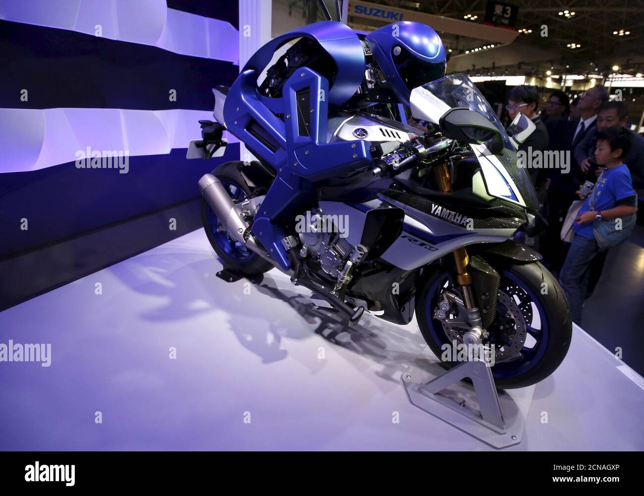 Yamaha Motor Co Ltd's displays the company's prototype model of a motorcycle  riding robot 'MOTOBOT Ver. 1' at the 44th Tokyo Motor Show in Tokyo, Japan,  November 2, 2015. Japanese motorcycle manufacturer