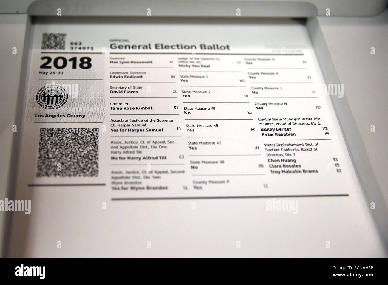 A sample ballot from the prototype of a new touchscreen voting machine
