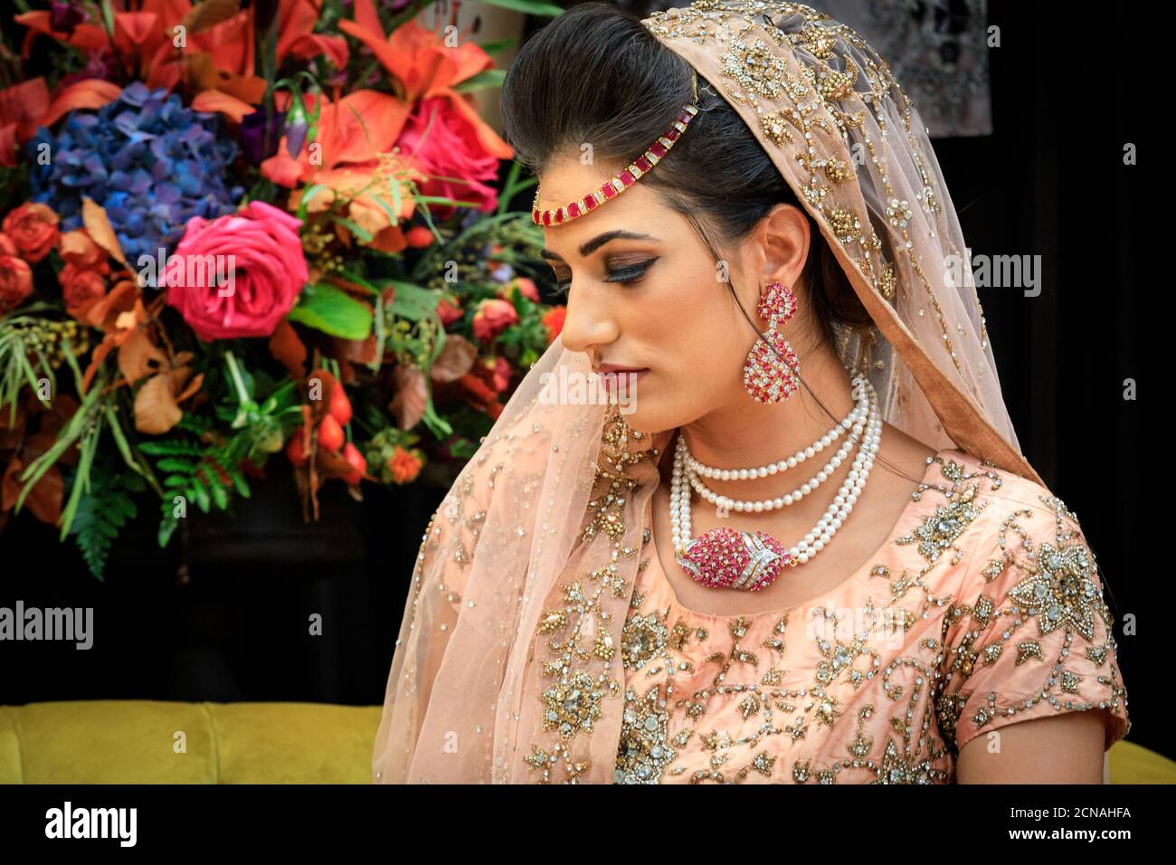Model bride in Asian wedding dress bridal veil and jewellery at National Asian Wedding Show, London Stock Photo