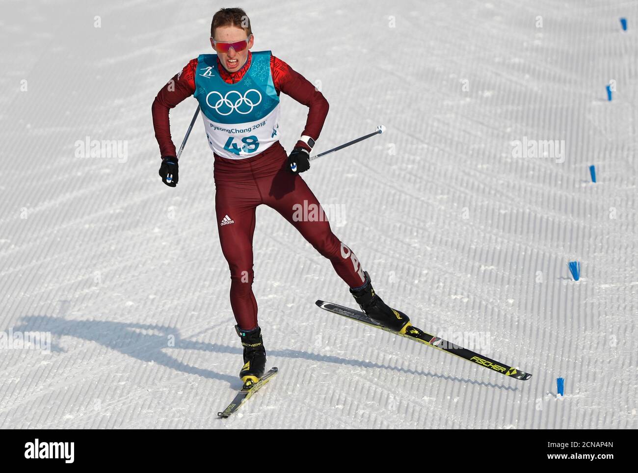 Cross-Country Skiing – Pyeongchang 2018 Winter Olympics – Men's 15km Free – Alpensia Cross-Country Skiing Centre – Pyeongchang, South Korea – February 16, 2018 - Denis Spitsov, an Olympic athlete from Russia, competes. REUTERS/Murad Sezer Stock Photo